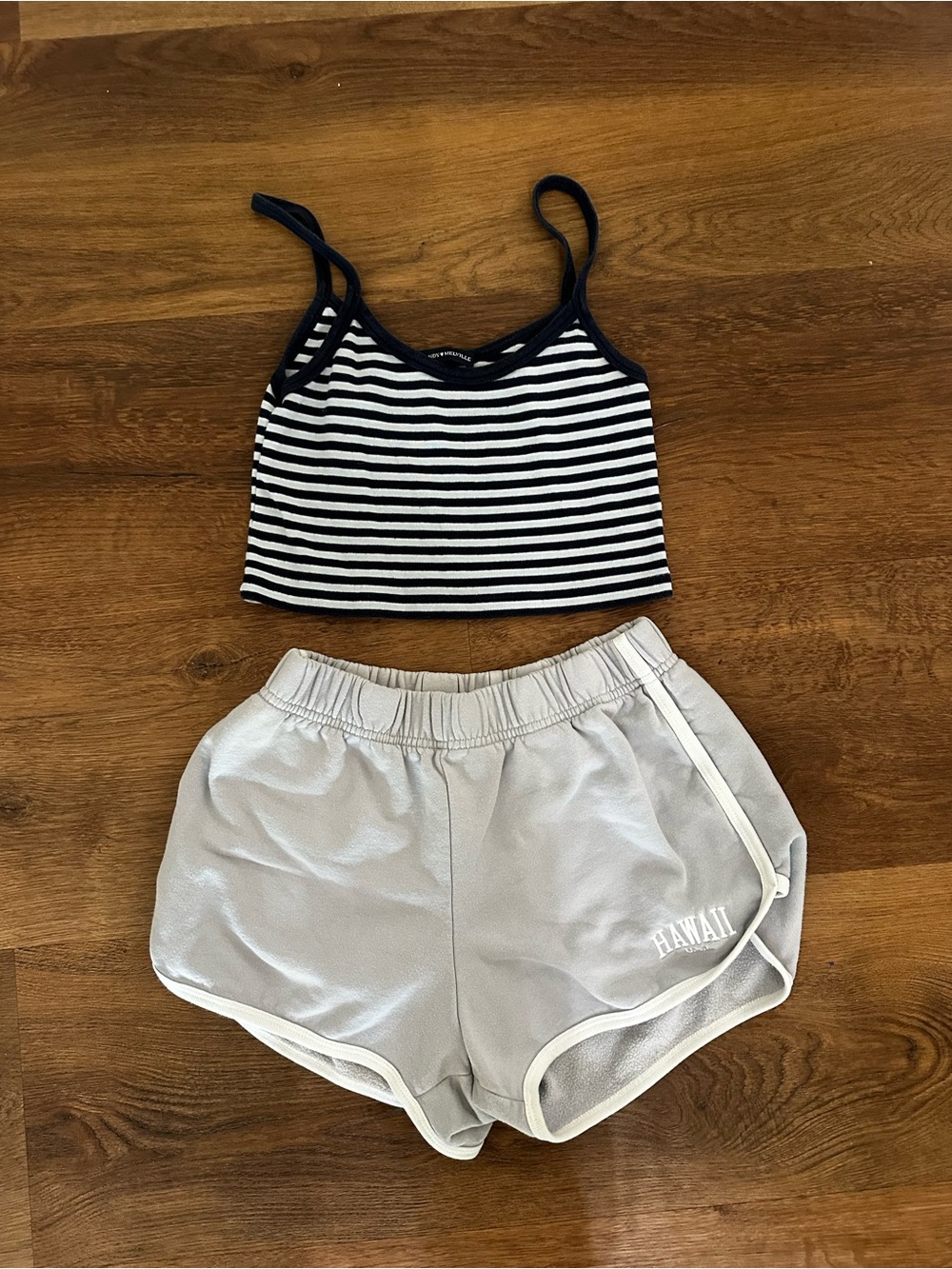 Brandy Melville Navy Blue & Gray Striped Tank Top and Gray Hawaii Shorts Set